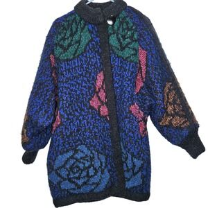 Vintage Thick Heavy Floral‎ Knit Coat XS Lined Artsy Art To Wear Artsy Grandma